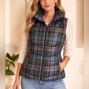 Lands’ End Down Puffer Vest Plaid Green Blue Women’s M Medium 10-12 Zip Winter